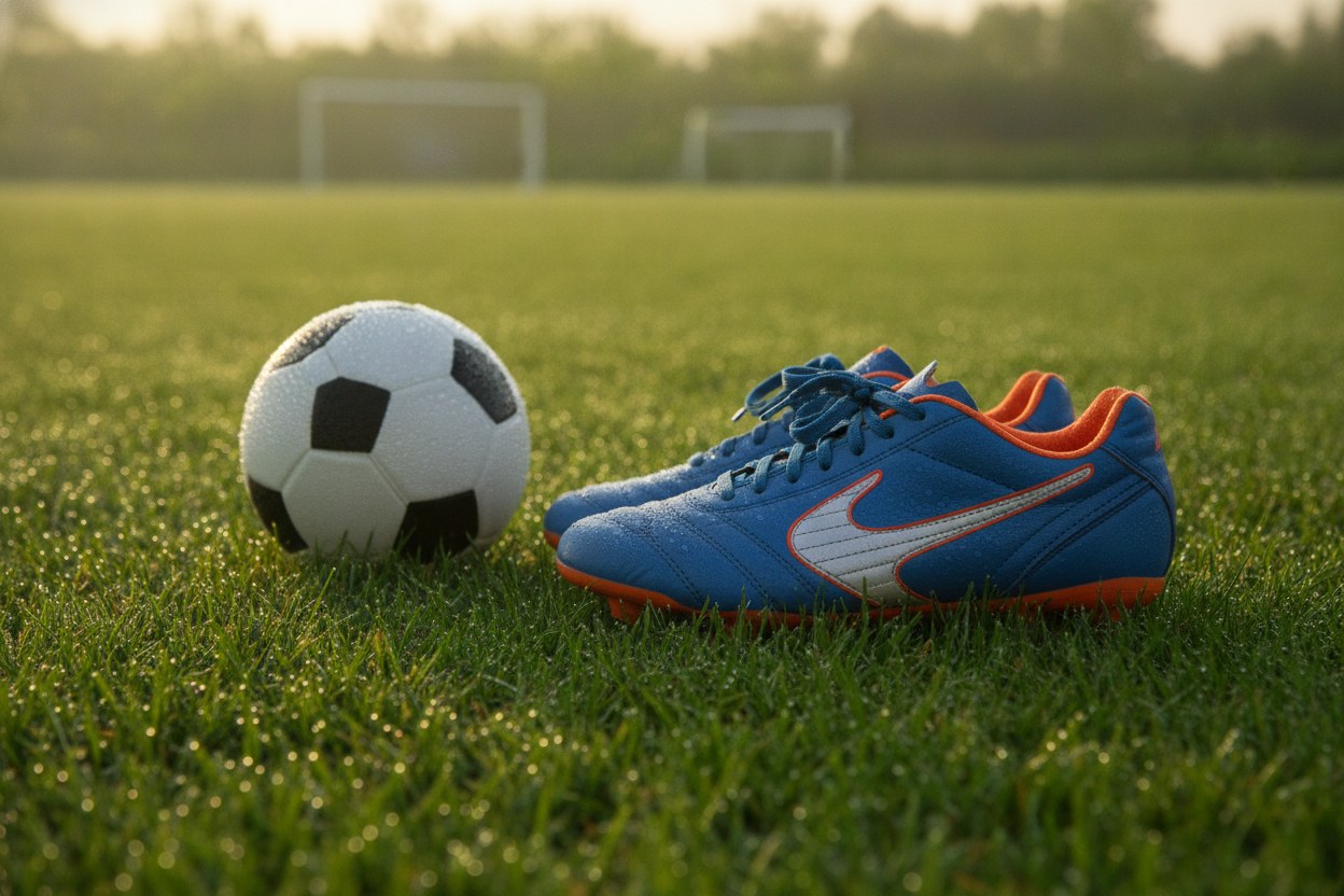 Genç futbolcu kramponları ve top